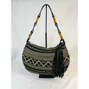 ERIC JAVITS Black Tan Gold WOVEN HOBO Shoulder Satchel Handbag Leather Tassel